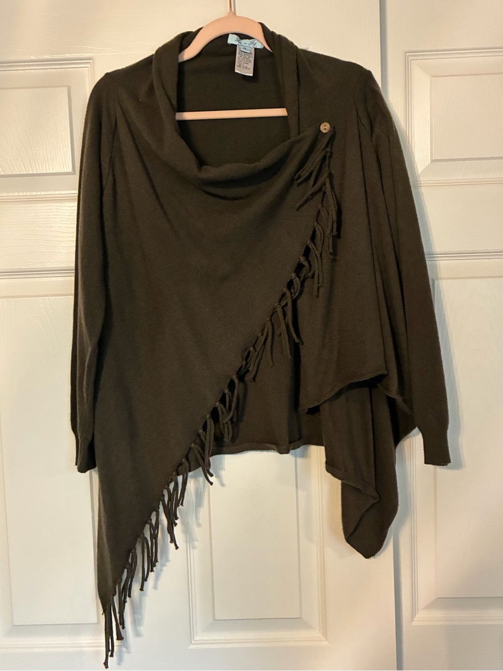 She + Sky Women’s Small Olive Green Fringe Drape Cardigan Sweater Cowl Neck Top